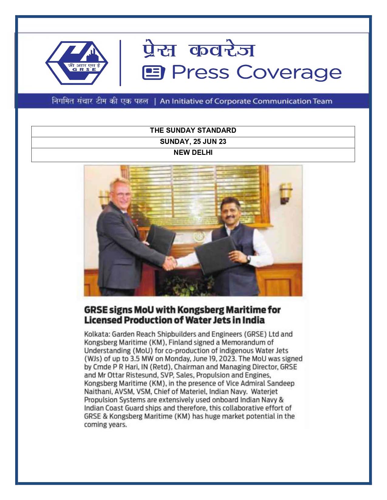 GRSE signs MoU with Kongsberg Maritime for Licensed Production of Water Jets in India